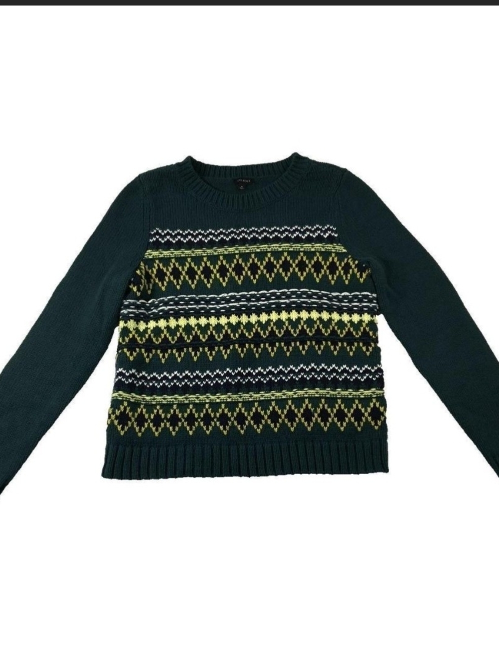Talbots Fair Isle Knit Sweater Women’s Large Green Yellow Geometric Crewneck